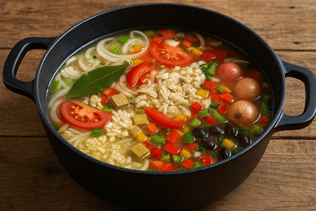Préparation du bouillon pour la soupe de fonio – Oignons, tomates, poivrons et aromates mijotent doucement pour créer une base savoureuse et parfumée.