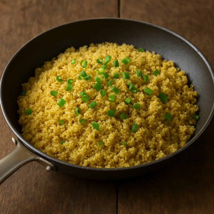 Préparation du fonio au curry – Doré au beurre avec oignons fondants et épices, le fonio s’imprègne délicatement des arômes pour une base savoureuse.