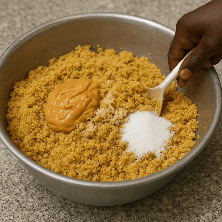 Préparation du kagna – Pâte d’arachide et sucre incorporés à la farine de fonio torréfiée, pour une texture homogène, compacte et pleine de goût.