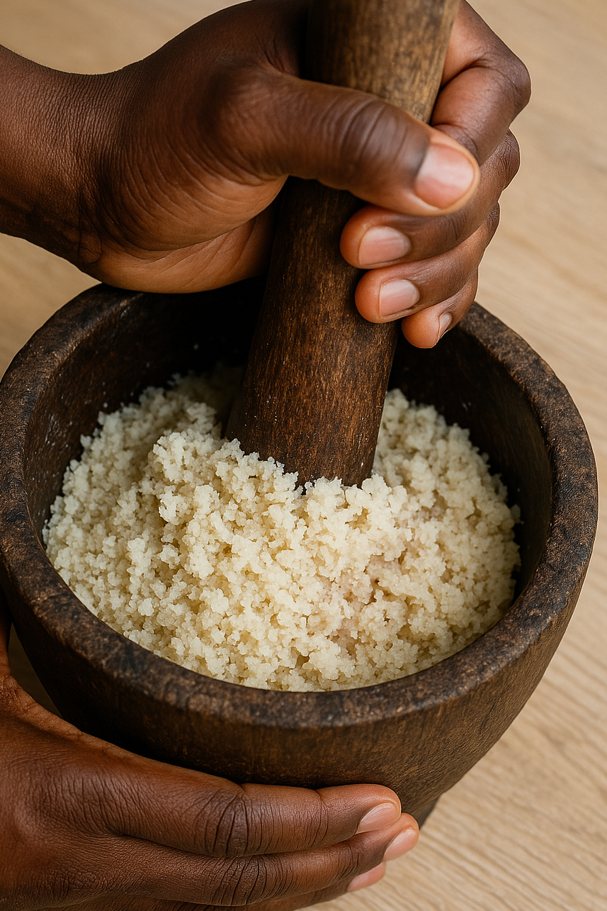 Préparation traditionnelle du kagna – Le fonio trempé est pilé dans un mortier pour obtenir une farine rustique, base de cette spécialité ouest-africaine.