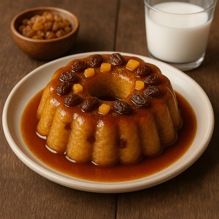 Pudding de fonio au caramel – Sublimé de raisins et mangue confite, dans sa forme traditionnelle en couronne pour une touche élégante et gourmande