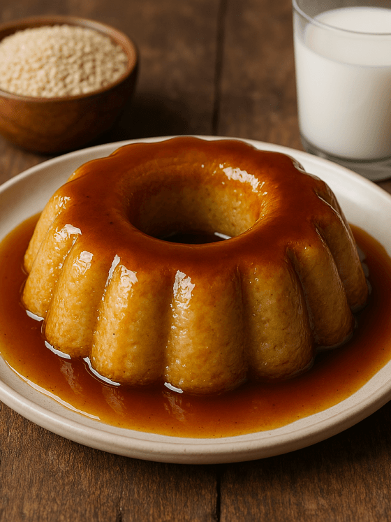 Pudding de fonio au caramel – Une douceur fondante nappée d’un caramel doré, pour un dessert à la fois traditionnel et créatif.