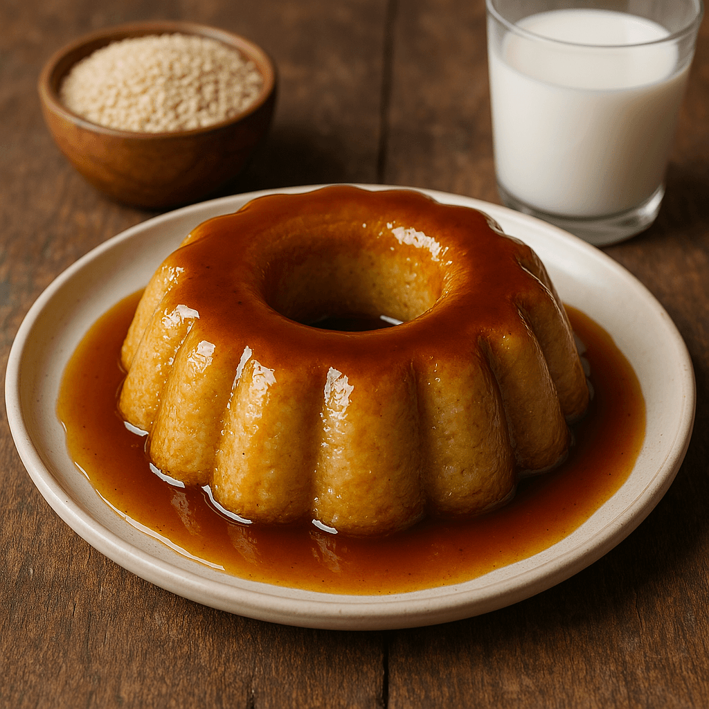 Pudding de fonio au caramel – Une douceur fondante nappée d’un caramel doré, pour un dessert à la fois traditionnel et créatif.