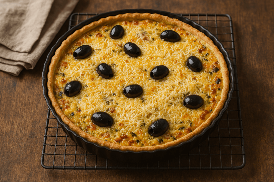 Quiche au fonio sortie du four – Dorée à souhait avec olives noires et gruyère gratiné, prête à régaler petits et grands.