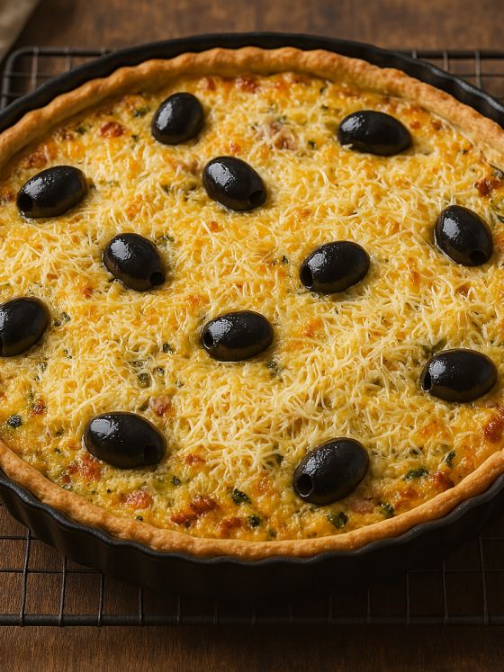 Quiche au fonio sortie du four – Dorée à souhait avec olives noires et gruyère gratiné, prête à régaler petits et grands.