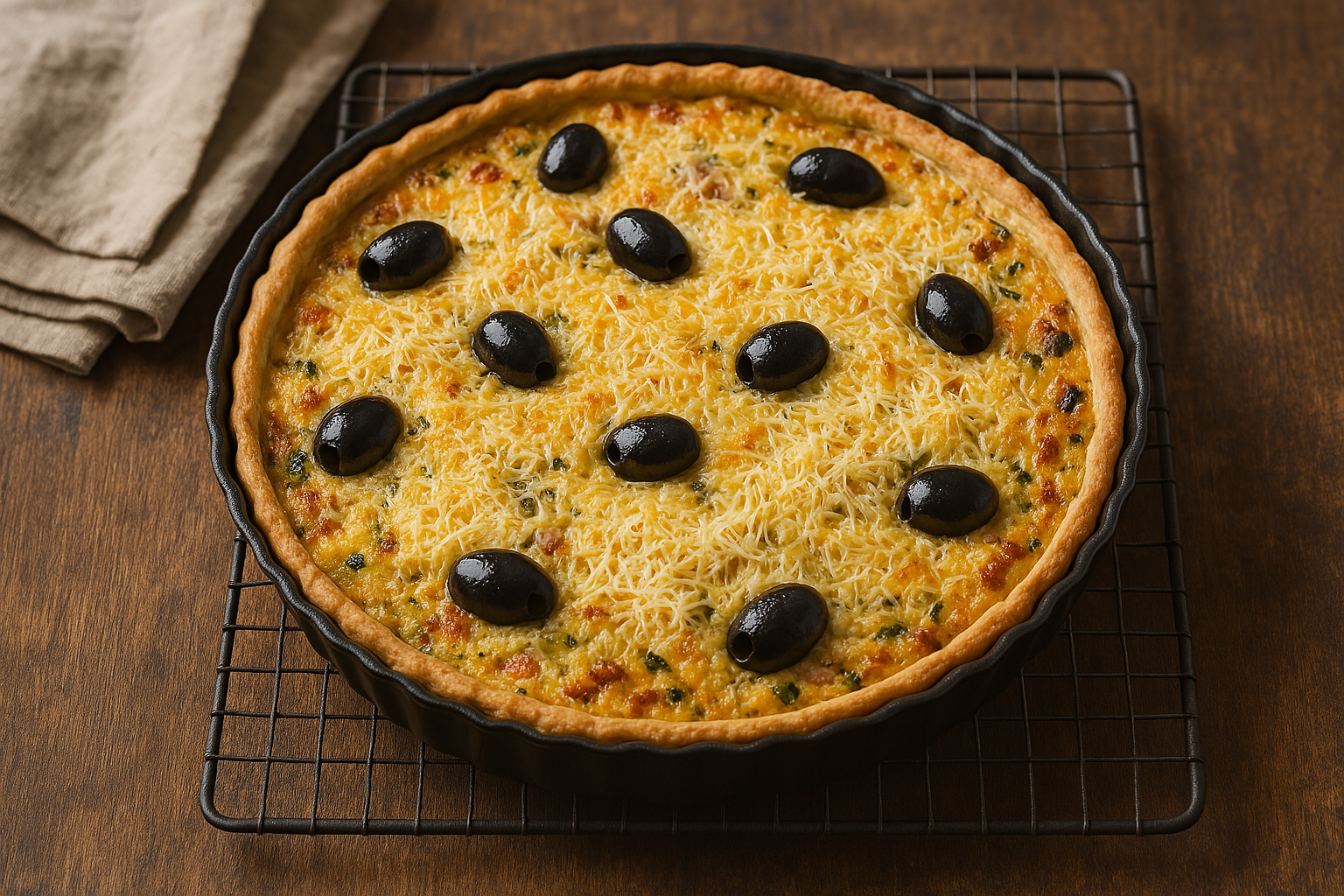 Quiche au fonio sortie du four – Dorée à souhait avec olives noires et gruyère gratiné, prête à régaler petits et grands.