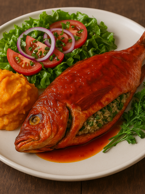 Rouget farci au fonio joliment dressé – Accompagné de purée de patate douce et d’une salade croquante aux crudités, assaisonnée d’une vinaigrette légère.
