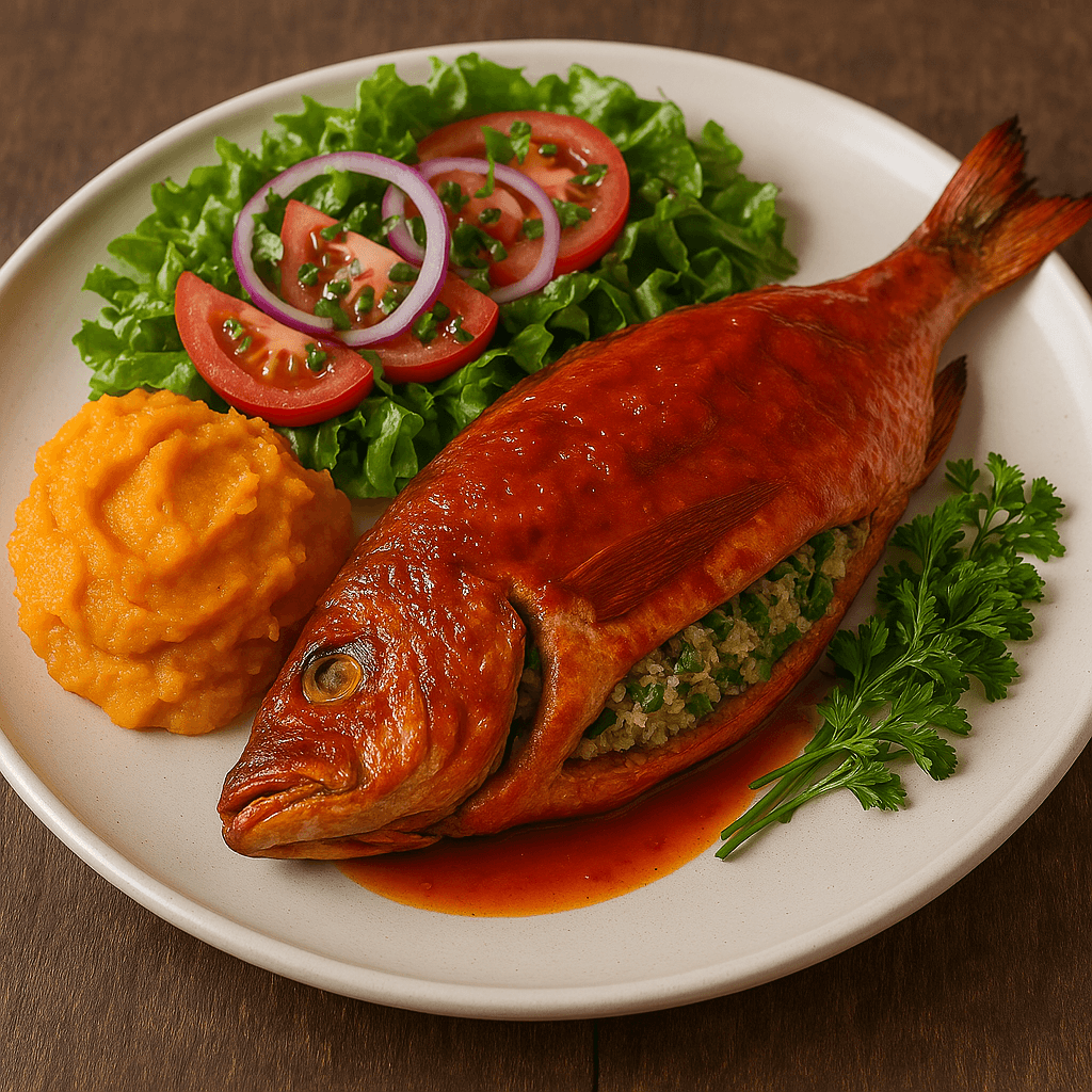 Rouget farci au fonio joliment dressé – Accompagné de purée de patate douce et d’une salade croquante aux crudités, assaisonnée d’une vinaigrette légère.