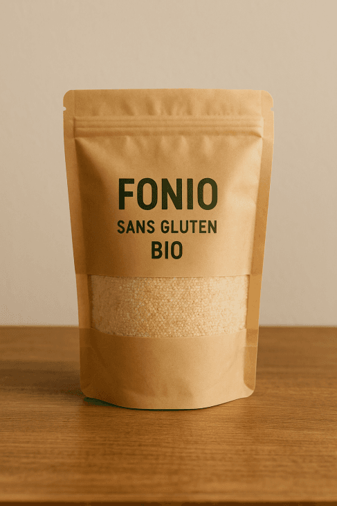 Sachet de fonio bio sans gluten sur table en bois, emballage kraft avec label européen