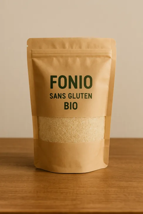 Sachet de fonio bio sans gluten sur table en bois, emballage kraft avec label européen