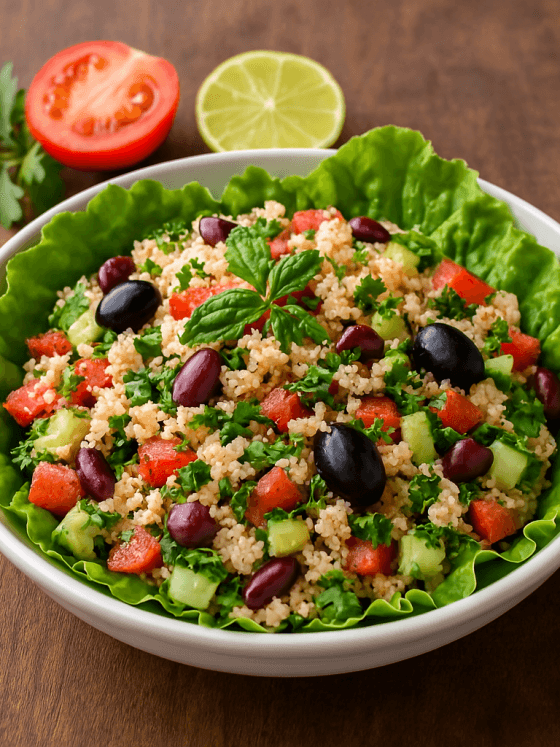 Salade de fonio végétarienne – Une assiette colorée et fraîche, mêlant fonio, légumes croquants, thon et herbes pour un repas léger et équilibré.