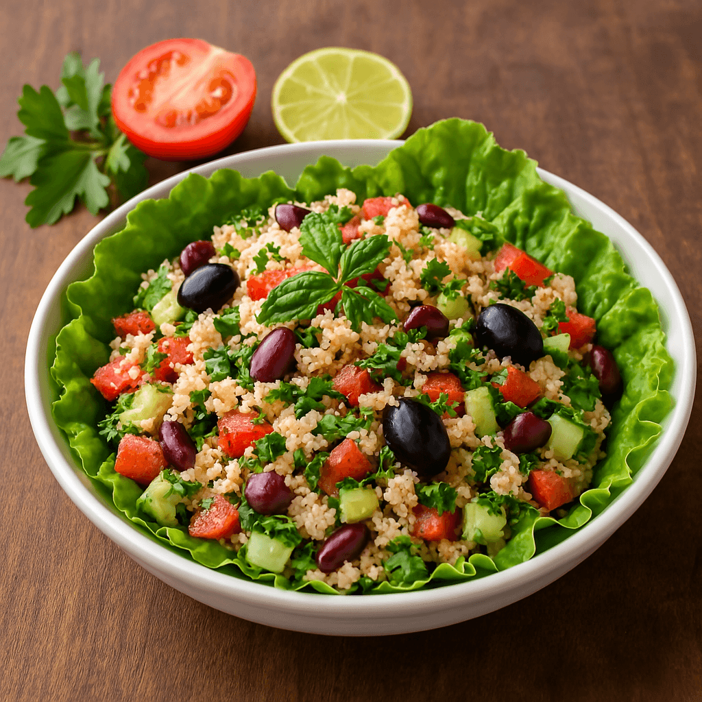 Salade de fonio végétarienne – Une assiette colorée et fraîche, mêlant fonio, légumes croquants, thon et herbes pour un repas léger et équilibré.