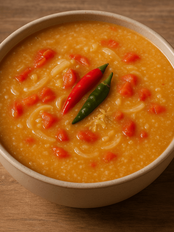 Soupe de fonio chaude et onctueuse, agrémentée de tomates fraîches, oignons, gingembre et piment — un plat nourrissant, simple et réconfortant.