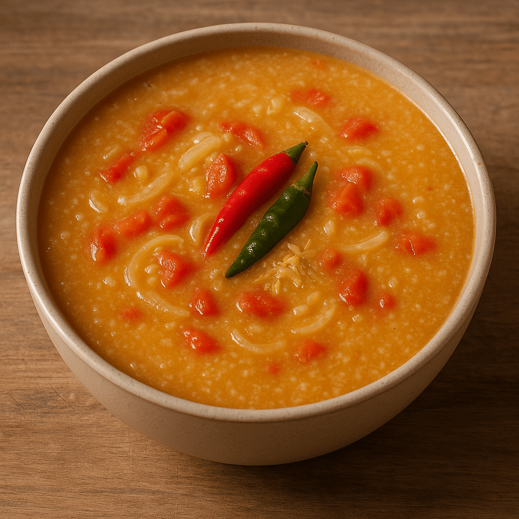 Soupe de fonio chaude et onctueuse, agrémentée de tomates fraîches, oignons, gingembre et piment — un plat nourrissant, simple et réconfortant.