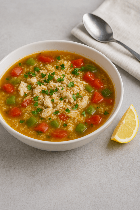 Soupe de fonio servie chaude – Dressée avec soin, parsemée de persil frais et accompagnée de citron, cette assiette chaleureuse invite à la dégustation.