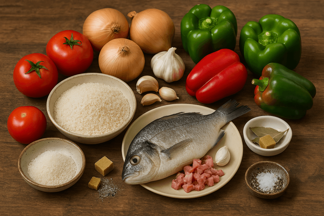 Tous les ingrédients réunis : fonio précuit, poisson frais, tomates, oignons, poivrons, laurier, ail et légumes variés – prêts à mijoter dans un bouillon parfumé.