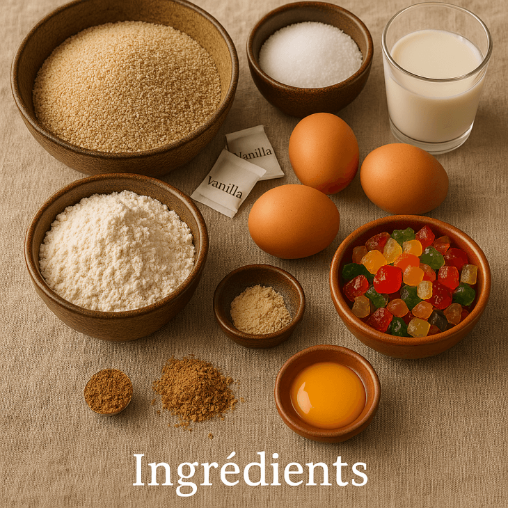 Tous les ingrédients réunis pour une recette savoureuse de biscuits au fonio.