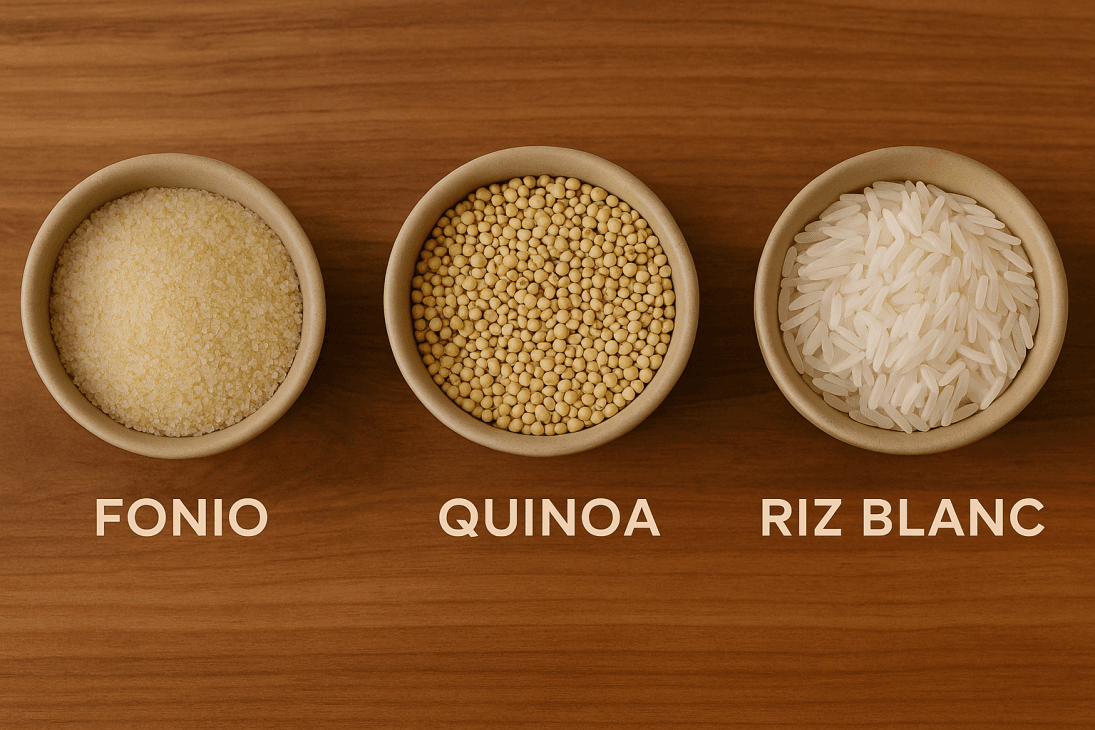 Trois bols alignés contenant respectivement du fonio, du quinoa et du riz blanc, vus du dessus sur une table en bois