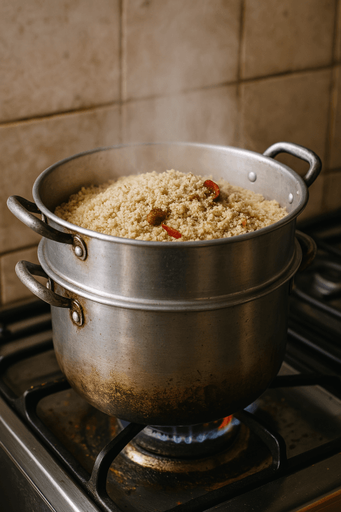 Troisi&egrave;me cuisson vapeur du Chola : derni&egrave;re &eacute;tape pour fixer les ar&ocirc;mes du couscous malien