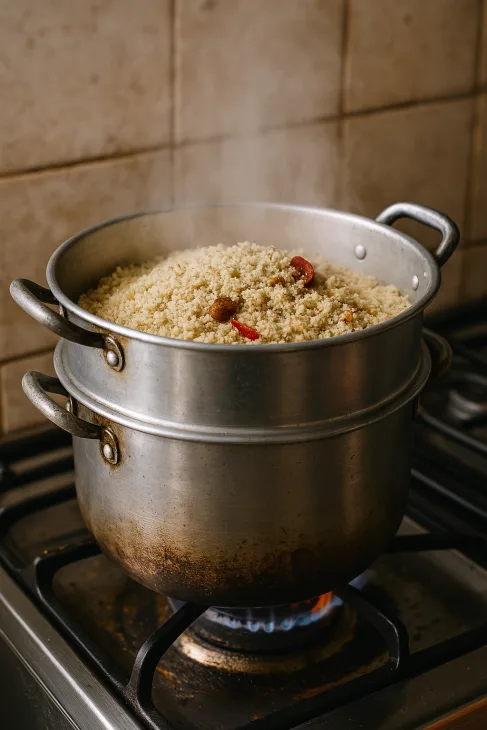 Troisi&egrave;me cuisson vapeur du Chola : derni&egrave;re &eacute;tape pour fixer les ar&ocirc;mes du couscous malien