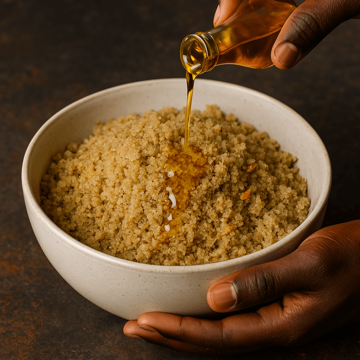 Huile d'arachide vers&eacute;e sur le Chola chaud : touche finale du couscous malien traditionnel