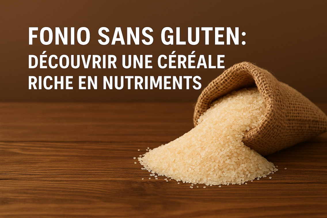 Un sac en toile de jute débordant de fonio cru sur une table en bois, avec texte "Fonio sans gluten : découvrir une céréale riche en nutriment"