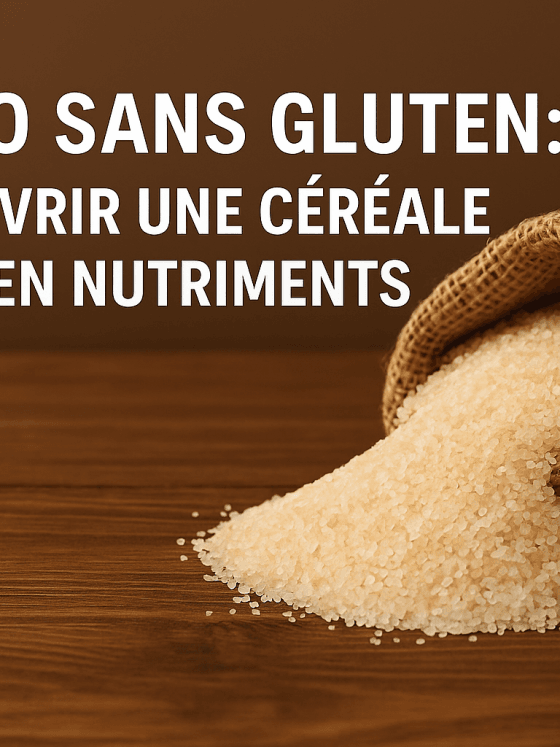 Un sac en toile de jute débordant de fonio cru sur une table en bois, avec texte "Fonio sans gluten : découvrir une céréale riche en nutriment"