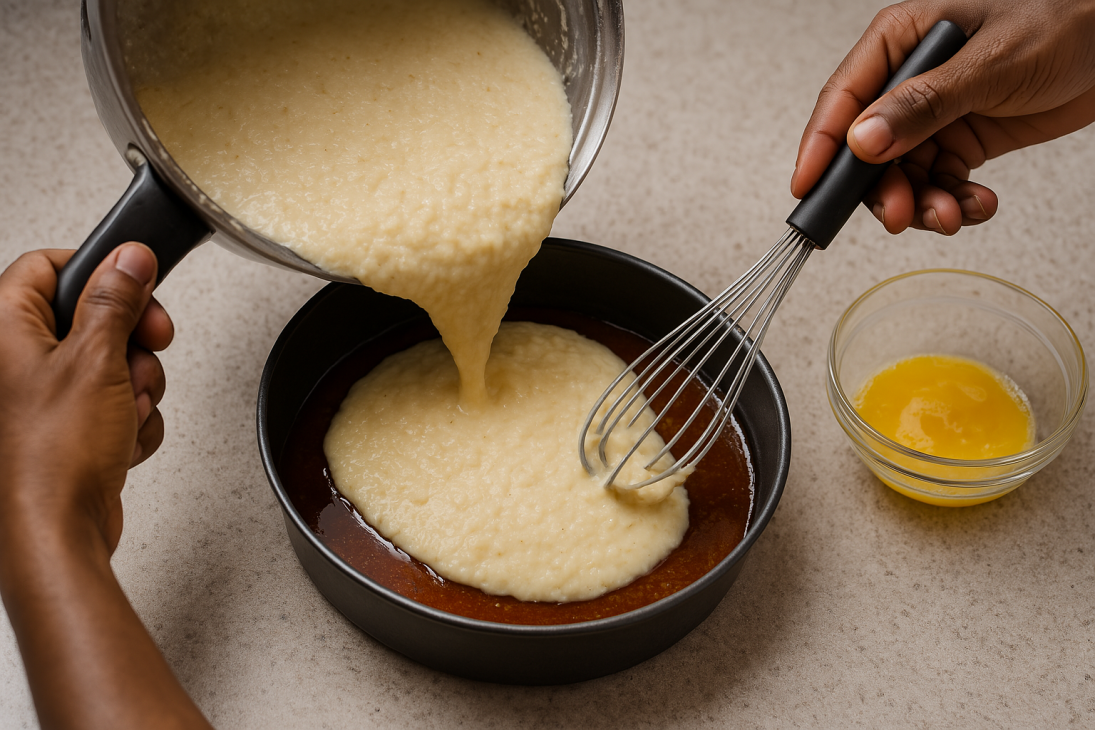 Versement de la préparation au fonio dans un moule caramélisé – Dernière étape avant la cuisson pour un pudding fondant et parfumé.