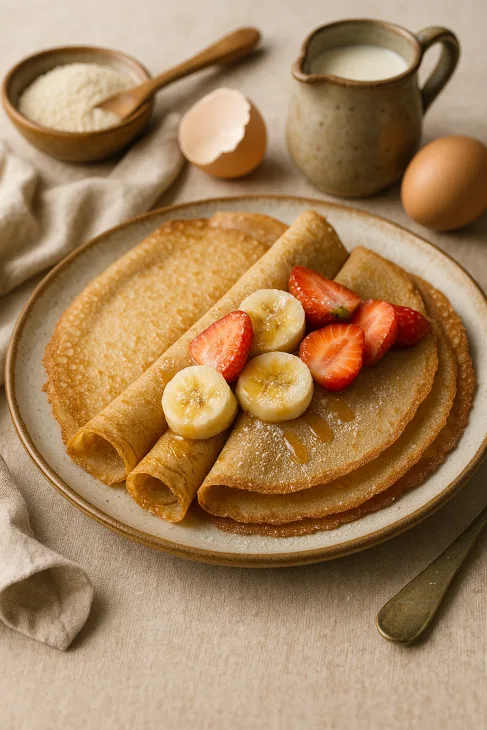 Assiette de crêpes au fonio sans gluten, garnies de banane, fraises et filet de miel, sur fond naturel avec ingrédients visibles comme farine, œuf et lait végétal.
