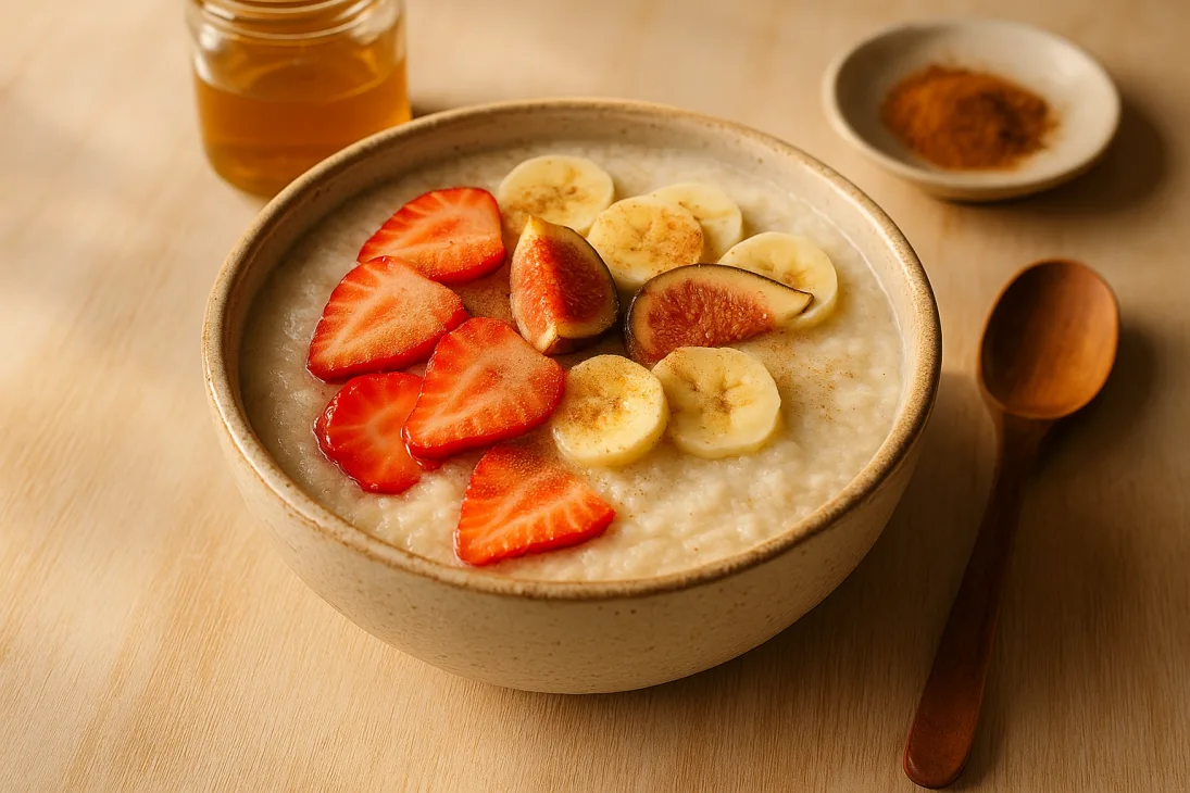 Bol de bouillie de fonio au lait garni de fruits frais et cannelle &mdash; petit-d&eacute;jeuner sans gluten