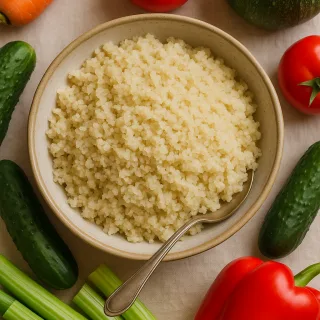 Bol de fonio cuit entouré de légumes frais colorés : tomates, carottes, courgettes, poivrons, céleri et concombres, sur une nappe claire.