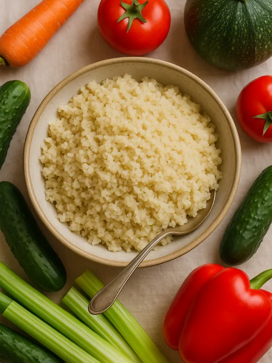Bol de fonio cuit entouré de légumes frais colorés : tomates, carottes, courgettes, poivrons, céleri et concombres, sur une nappe claire.