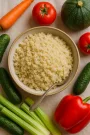 Bol de fonio cuit entouré de légumes frais colorés : tomates, carottes, courgettes, poivrons, céleri et concombres, sur une nappe claire.