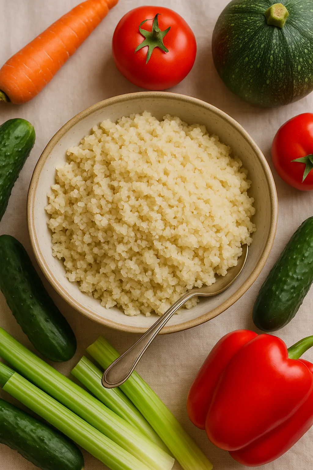 Bol de fonio cuit entouré de légumes frais colorés : tomates, carottes, courgettes, poivrons, céleri et concombres, sur une nappe claire.