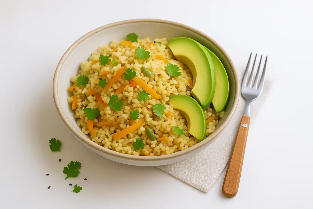 Fonio saut&eacute; aux l&eacute;gumes doux et avocat &mdash; petit-d&eacute;jeuner sal&eacute; sans gluten et sans c&eacute;r&eacute;ales raffin&eacute;es