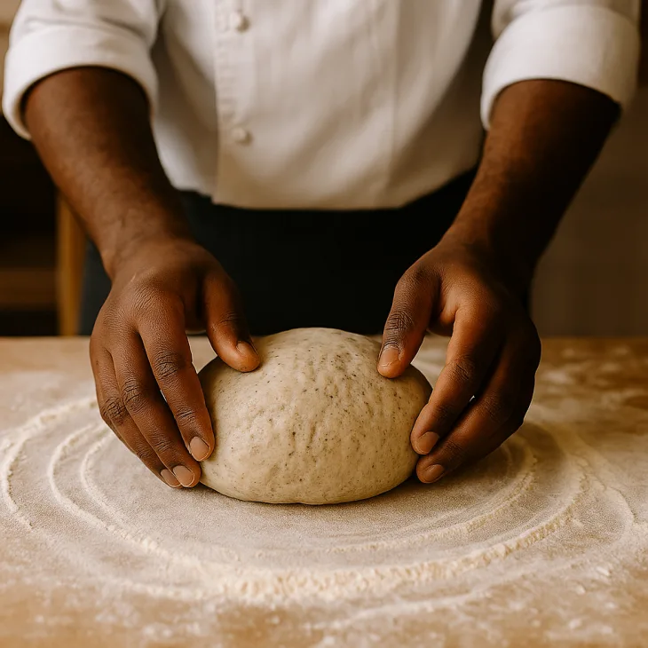 Boulanger noir façonnant une pâte sans gluten sur une surface farinée, avec ses mains en action et des ustensiles visibles en arrière-plan