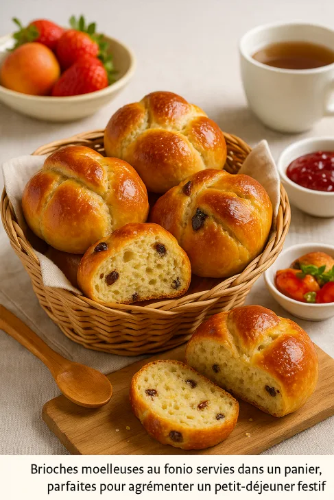Brioches individuelles au fonio dor&eacute;es dans un panier avec confiture et th&eacute;.
