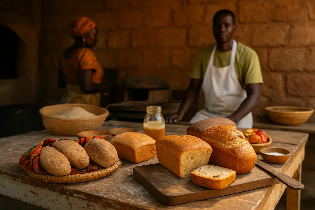 &Eacute;tal de boulangerie artisanale africaine avec pains rustiques au fonio et au mil.