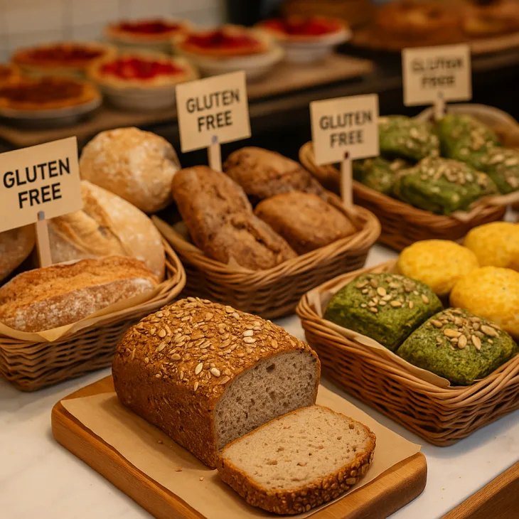 Étalage de pains sans gluten en boulangerie, présentés dans des paniers avec des étiquettes 'gluten free' : pains multigrains, boules aux épinards, petits pains dorés