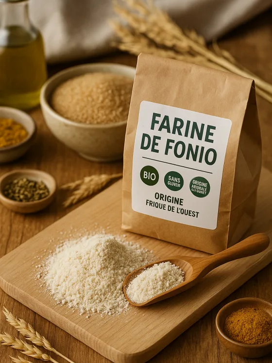 Farine de fonio bio et sans gluten sur planche en bois avec cuillère rustique, grains entiers et épis en arrière-plan, ambiance naturelle et artisanale.