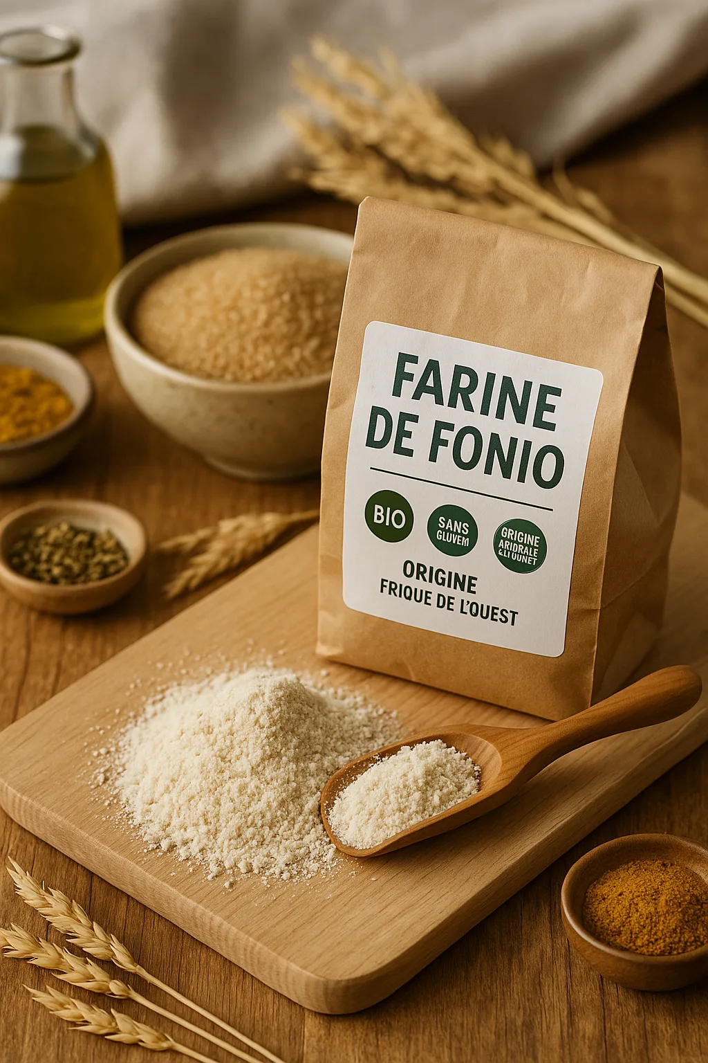Farine de fonio bio et sans gluten sur planche en bois avec cuillère rustique, grains entiers et épis en arrière-plan, ambiance naturelle et artisanale.