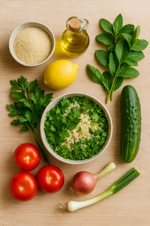 Flat lay d'ingrédients pour taboulé de fonio : bol de fonio cru, citron, bouteille d'huile d'olive, bouquets de persil et menthe, tomates, concombre, oignons nouveaux sur une table en bois clair