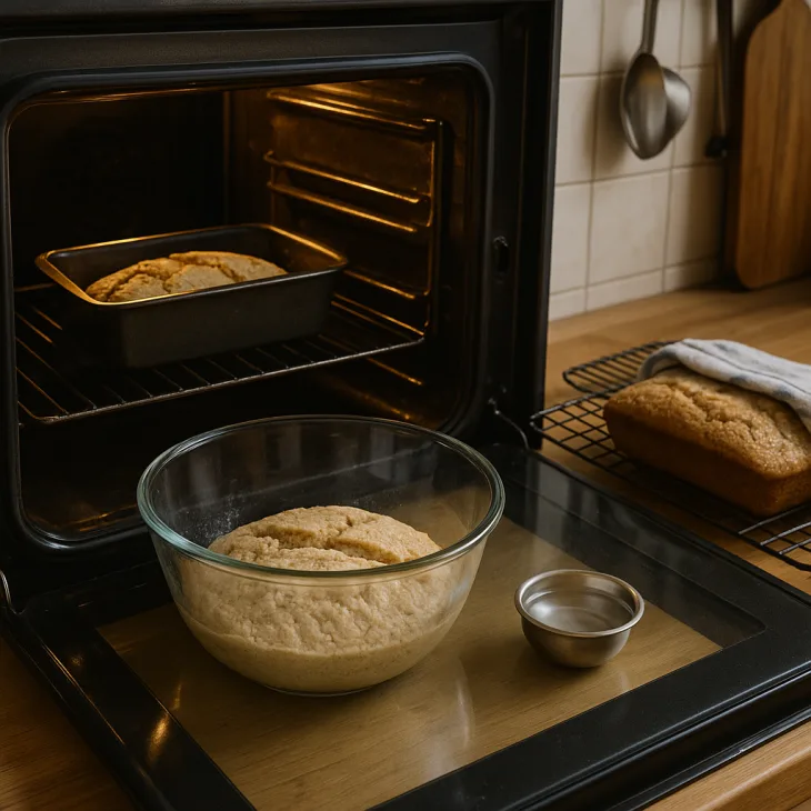 Pain au fonio en cours de cuisson dans un four avec un r&eacute;cipient d'eau pour la vapeur.