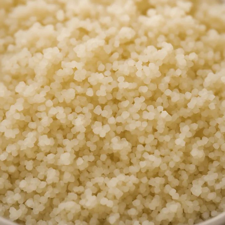 Macro de fonio cuit montrant la texture fine, granuleuse et aérée des petits grains beige clair