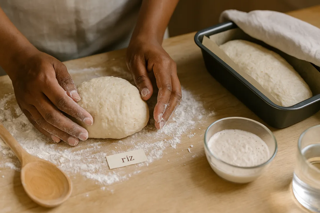 Mains farin&eacute;es fa&ccedil;onnant une p&acirc;te &agrave; pain au fonio sur un plan de travail farin&eacute;.