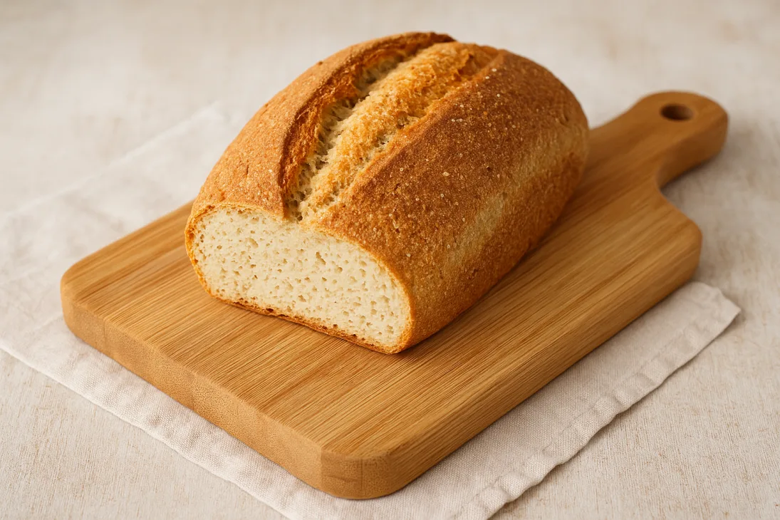 Miche de pain sans gluten entamée, placée sur une planche en bois posée sur un linge clair, avec une mie dense et uniforme