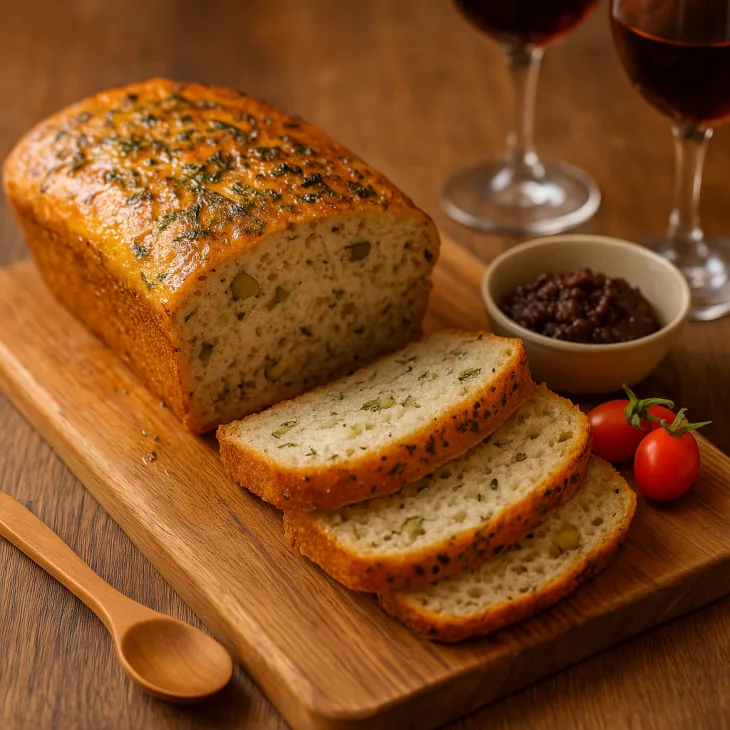 Pain au fonio dor&eacute; aux herbes fra&icirc;ches, partiellement tranch&eacute;, pr&eacute;sent&eacute; avec tapenade et tomates cerises.