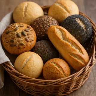 Panier en osier rempli de petits pains sans gluten variés : pains ronds, allongés, aux graines, disposés sur un torchon en lin clair