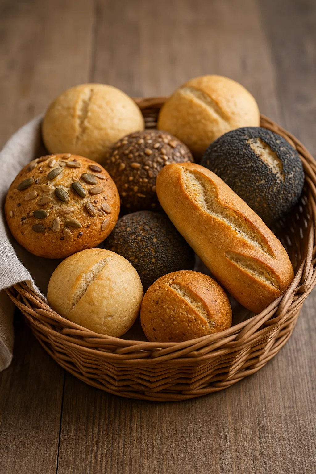 Panier en osier rempli de petits pains sans gluten variés : pains ronds, allongés, aux graines, disposés sur un torchon en lin clair