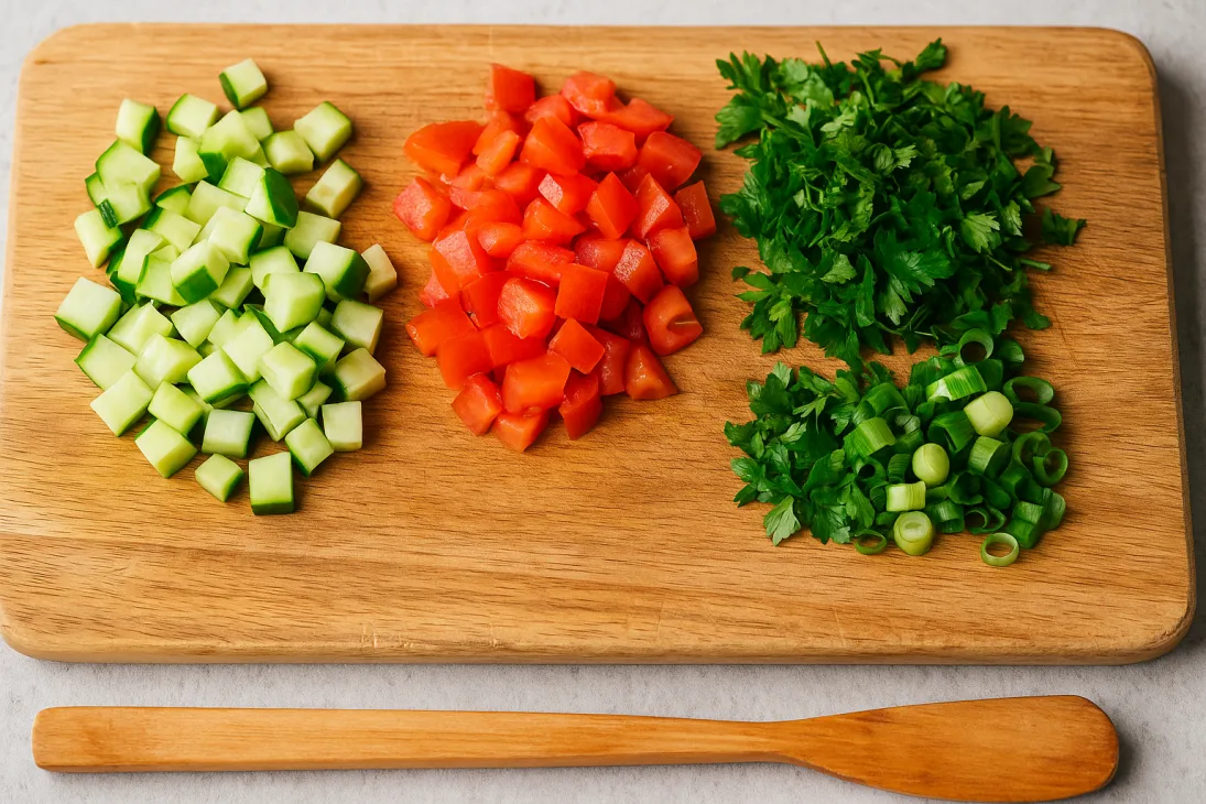 Planche à découper en bois avec des légumes coupés : dés de concombre, dés de tomate, persil haché